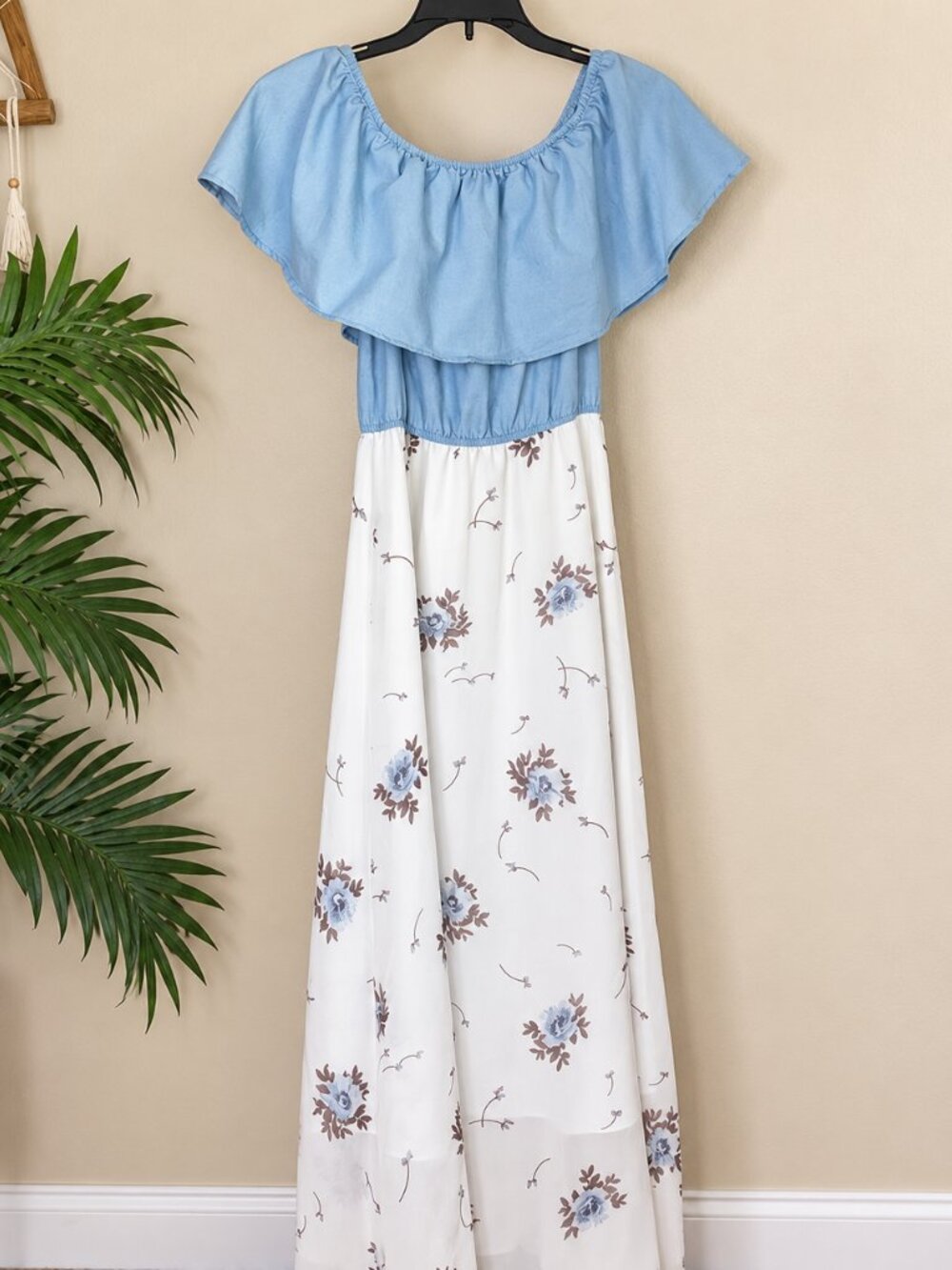 Blue Off Shoulder Ruffle Floral Maxi Dress White Boho Cottagecore Small
